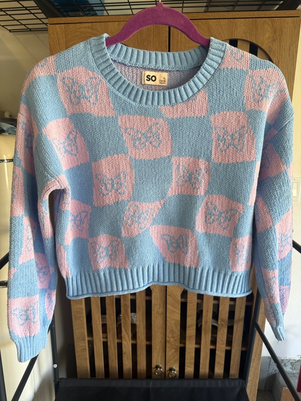 SO Pastel Blue & Pink Butterfly Checker Knit Sweater